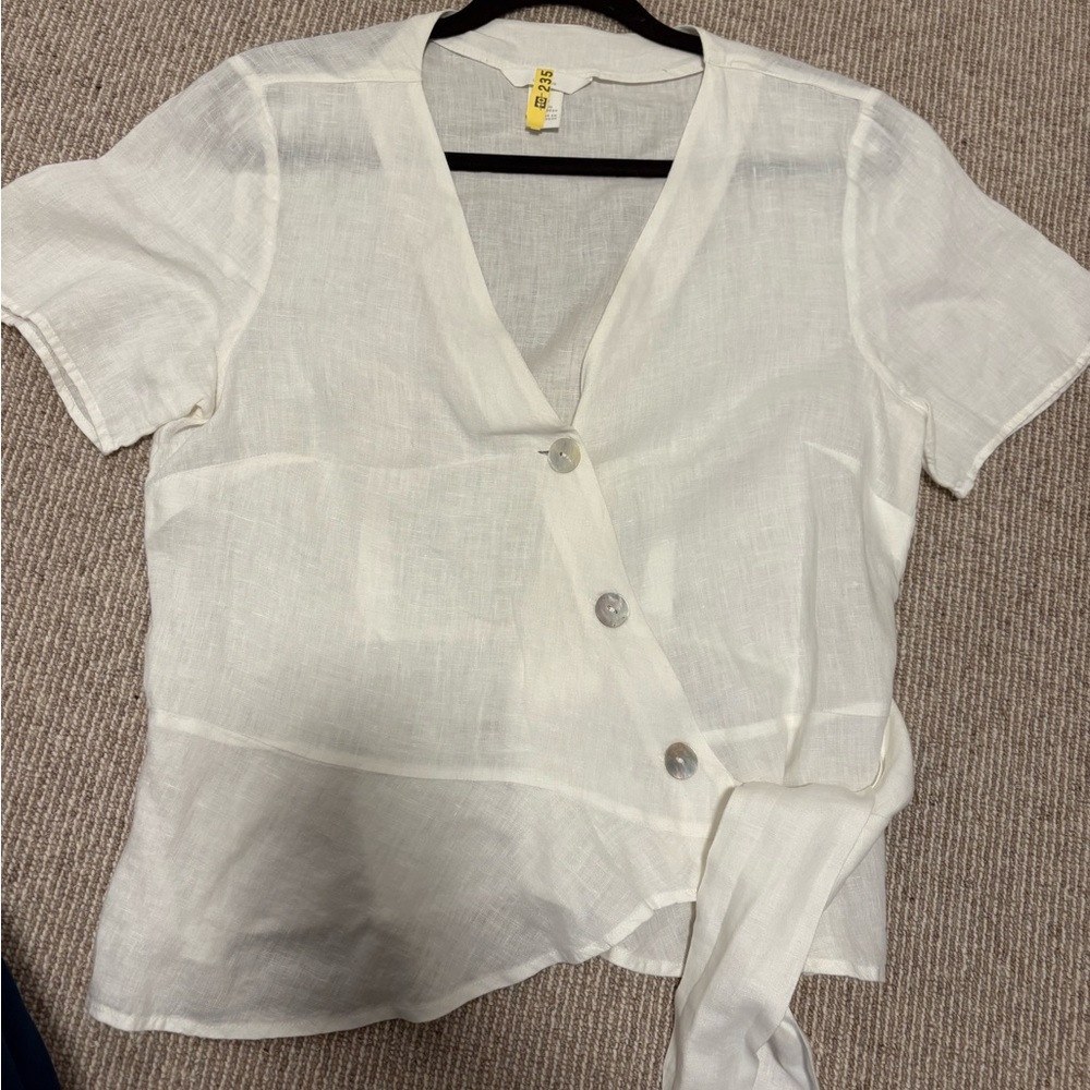 H&M white linen Asymmetrical Tie-Front Button Blouse